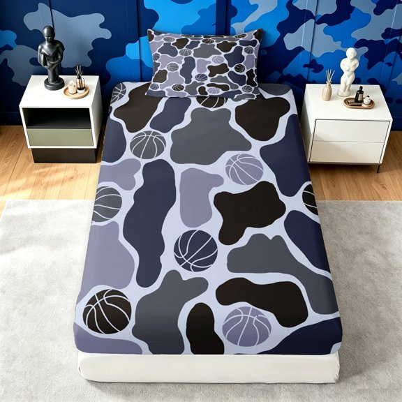 Manfei Minimalism Camouflage Twin Fitted Sheet, Vintage Basketball Bedding, Urban Gray, 2-Piece, 1 Fitted Sheet and 1 Pillowcase