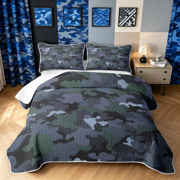 Manfei Minimalism Camouflage Twin Quilt Set, Countryside Camo Twin Coverlet Set, Slate Gray, 2-Piece, 1 Bedspread and 1 Pillowcase