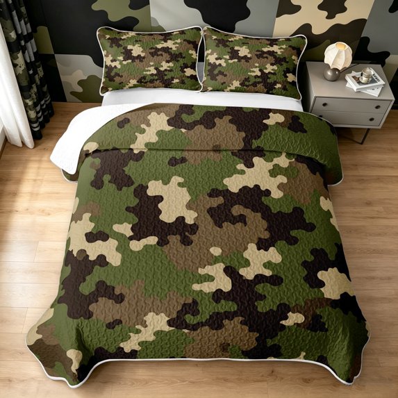 Manfei Minimalism Camouflage Twin Quilt Set, Mid Century Camo Twin Coverlet Set, Woodland Green, 2pcs, 1 Bedspread and 1 Pillowcase