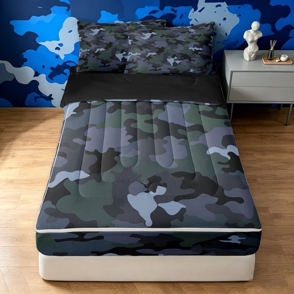 Manfei Minimalism Camouflage Zipper Queen Comforter Set with Fitted Sheet and 2 Pillowcases, Countryside Camo Zipper Bedding Set, Slate Gray, Black Reversible, 4-Piece