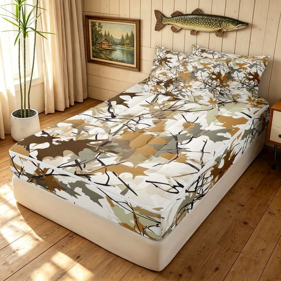 Manfei Minimalism Camouflage Zipper Twin Comforter Sets with Fitted Sheet and 2 Pillowcases, Contemporary Art Camo Zipper Bedding Set, Sand, Gray Reversible, 4pcs
