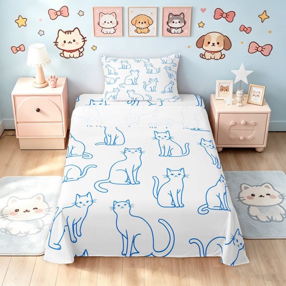 Manfei Minimalism Cat Twin Sheets, Simple Line Animal Bedding, Royal Blue White, 3-Piece, 1 Flat Sheet, 1 Fitted Sheet and 1 Pillowcase