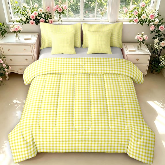 Manfei Minimalism Check 7-Piece Twin Bedding,Classic Plaid Bedding Comforter Set,Yellow White,Light Gray Reversible