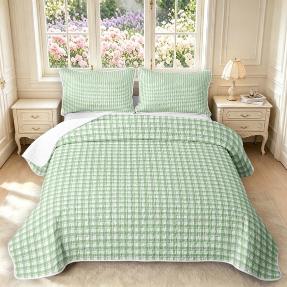 Manfei Minimalism Check Quilt King,Classic Plaid King Coverlet Set,Green,3pcs,1 Bedspread and 2 Pillowcases