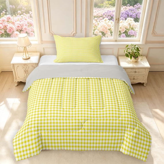Manfei Minimalism Check Twin Comforter Sets,Classic Plaid Bedding Set,Yellow White,Light Gray Reversible,2-Piece,1 Comforter and 1 Pillowcase,2-Piece,1 Comforter and 1 Pillowcase
