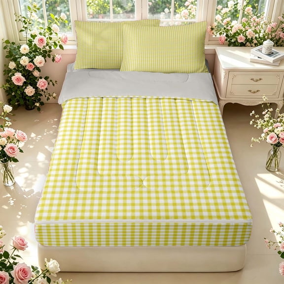Manfei Minimalism Check Zipper Twin Comforter Sets with Fitted Sheet and 2 Pillowcases,Classic Plaid Zipper Bedding Set,Yellow White,Light Gray Reversible,4pcs