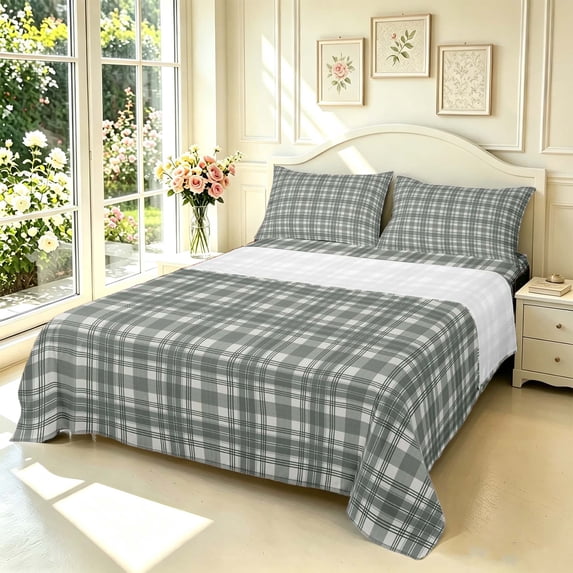 Manfei Minimalism Checkered Bed Sheets,Geometric Check Full Size Sheets,Gray,4 Pieces,1 Flat Sheet,1 Fitted Sheet and 2 Pillowcases