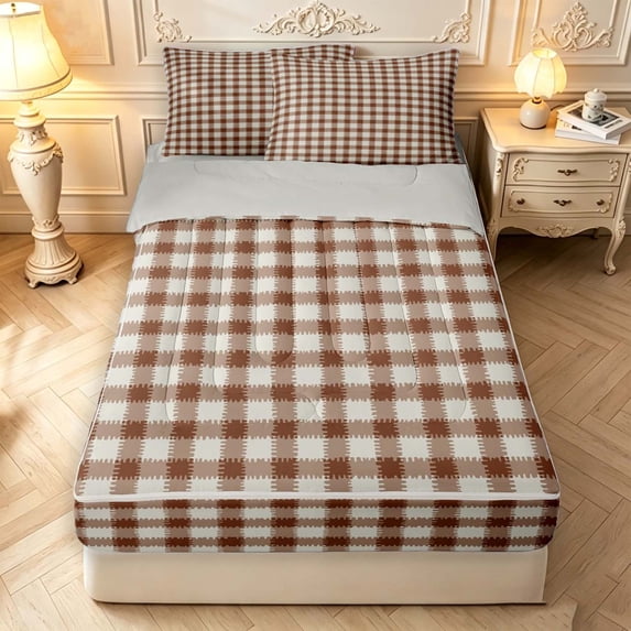 Manfei Minimalism Checkered Zipper Twin Comforter Sets with Fitted Sheet and 2 Pillowcases,Geometric Check Zipper Bedding Set,Brown White,Light Gray Reversible,4pcs