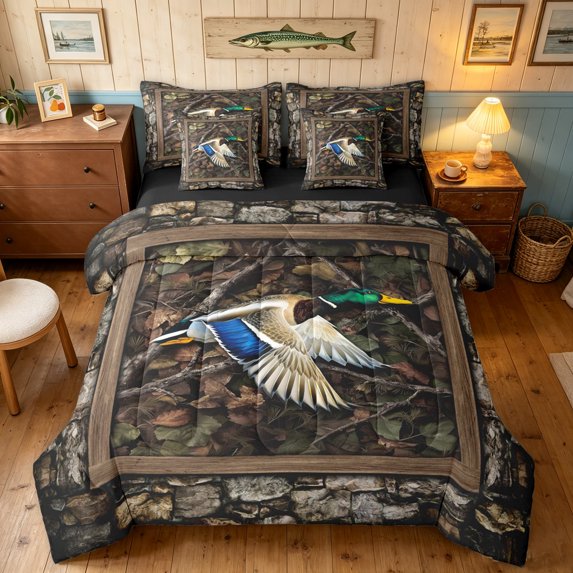 Manfei Minimalism Duck Camo Full Size Bedding Sets, Mid Century Camouflage Full Size Bed in a Bag, Terra Brown, Black Reversible, 7pcs