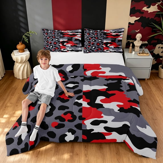Manfei Minimalism Leopard Print Full Size Comforter Sets, Mid Century Animal Camo Bedding Comforter Set, Gray Red, Black Reversible, 3-Piece, 1 Comforter and 2 Pillowcases