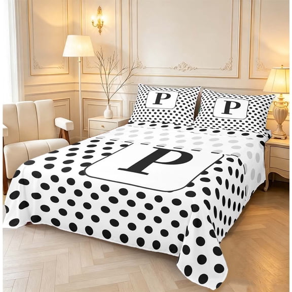 Manfei Minimalism Monogram P Queen Sheets,Classic Contemporary Queen Sheet Sets,White Black,4 Pieces,1 Flat Sheet,1 Fitted Sheet and 2 Pillowcases