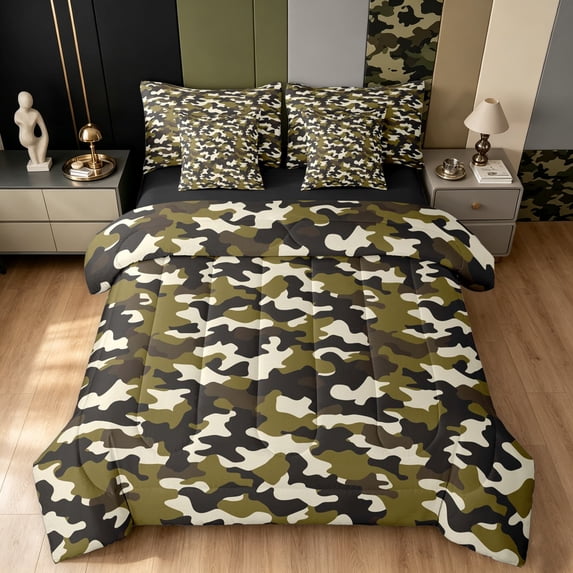 Manfei Minimalism Mosaic Queen Bedding, Countryside Camouflage Bedding Comforter Set Queen, Woodland Green, Black Reversible, 7pcs