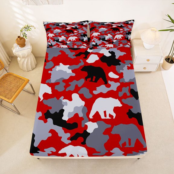 Manfei Minimalism Rustic Camouflage Fitted Sheet Full, Vintage Camo Bear Bed Set, Red Gray, 3 Pieces, 1 Fitted Sheet and 2 Pillowcases