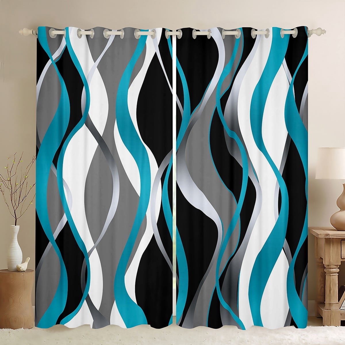 Manfei Minimalist Abstract Black Out Curtains, Aesthetic Striped Curtains Pack of 2 (42x63 Each), Gray White Black Teal Bedroom Curtains, Microfiber Bedroom Decor