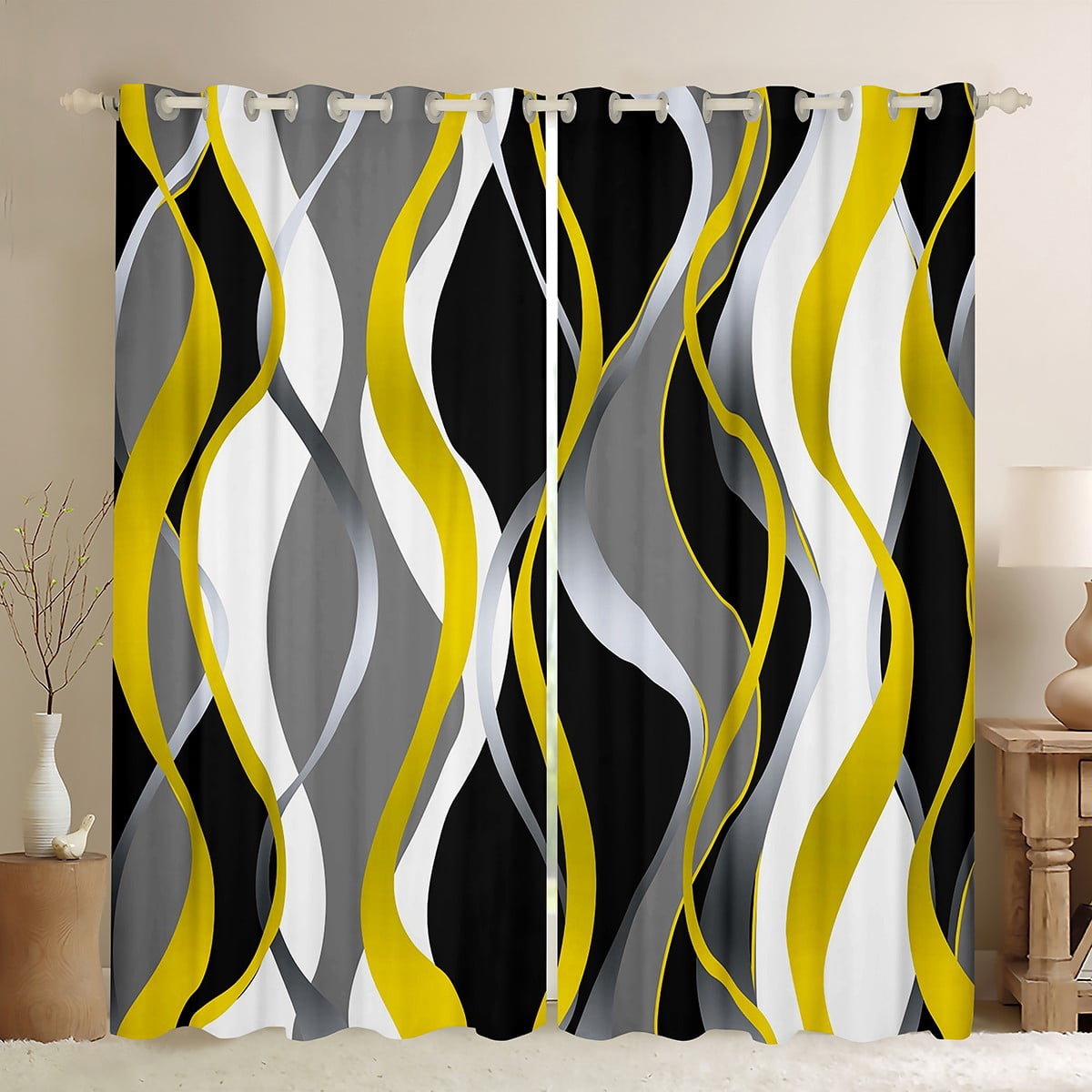 Manfei Minimalist Abstract Blackout Curtains Set of 2 (52x84 Each), Aesthetic Striped Window Curtains, Gray White Black Yellow Curtains and Drapes, Microfiber Bedroom Decor