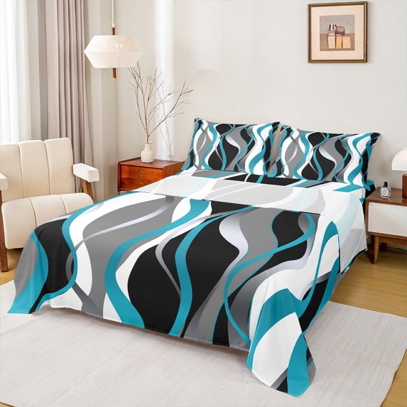 Manfei Minimalist Abstract Full Size Sheets 4pcs, Aesthetic Striped Bed Sheets, Gray White Black Teal Sheet Sets, Microfiber Bedroom Decor