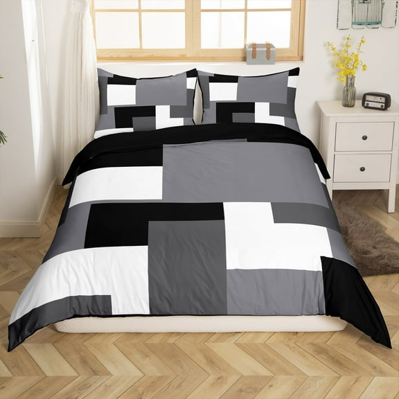 Manfei Minimalist Abstract Plaid 2-Piece Comforter Cover Toddler Size for Boys Girls,Sqare Rectangle Bedding Sets Toddler Size,Geometric Grid Ultra Soft Bed Set(No Comforter)