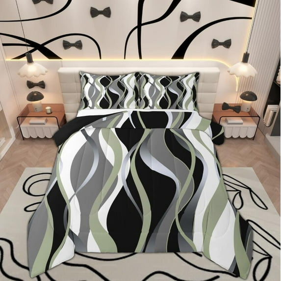 Manfei Minimalist Abstract Queen Comforter Set, Aesthetic Striped Bedding Sets, Gray White Black Green Bedding Comforter Set, Microfiber Bedroom Decor, Reversible 3pcs