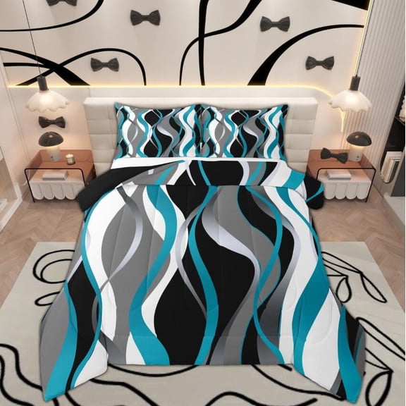 Manfei Minimalist Abstract Queen Comforter Set, Aesthetic Striped Bedding Sets, Gray White Black Teal Bedding Comforter Set, Microfiber Bedroom Decor, Reversible 3pcs