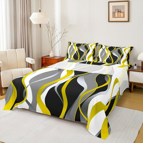 Manfei Minimalist Abstract Queen Sheet Sets 4-Piece, Aesthetic Striped Flat Sheet, Gray White Black Yellow Queen Fitted Sheet, Microfiber Bedroom Decor