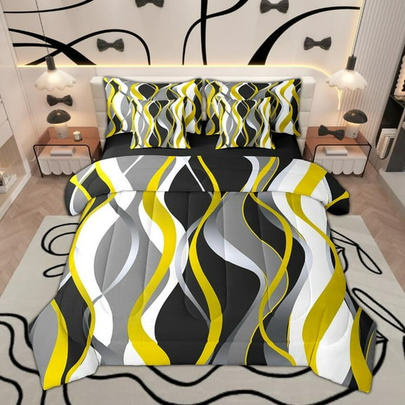 Manfei Minimalist Abstract Twin Bedding Sets 7-Piece, Aesthetic Striped Bedding Comforter Set, Gray White Black Yellow Sheet Sets, Microfiber Bedroom Decor