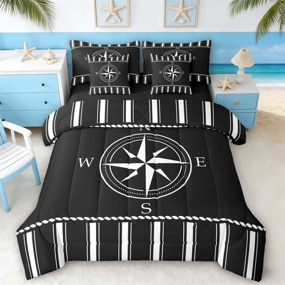 Manfei Minimalist Black Compass Stripe Twin Bedding Sets for Kids Boys and Girls, Nautical Marine Print Bedding Comforter Set, Black Reversible 7pcs