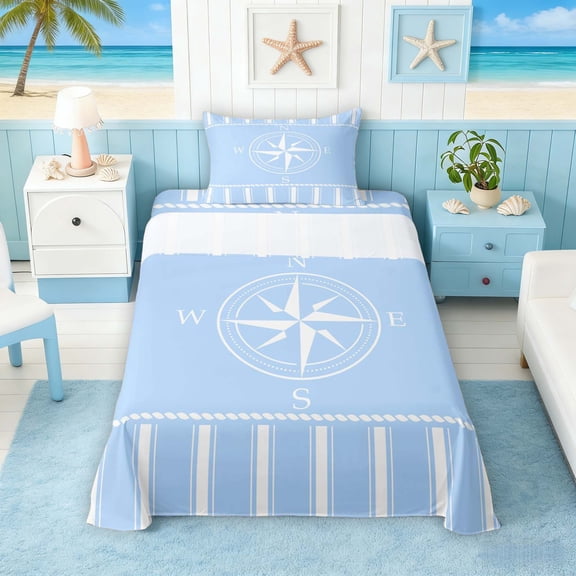 Manfei Minimalist Blue Compass Stripe Twin Sheet Sets for Kids Boys and Girls, Nautical Marine Print Bedding 3-Piece, 1 Flat Sheet, 1 Fitted Sheet and 1 Pillowcase