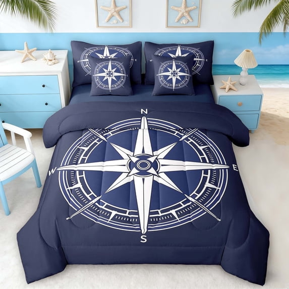Manfei Minimalist Blue White Compass Bedding Comforter Set for Kids Boys and Girls, Nautical Print King Bedding Sets, Navy Reversible 7-Piece