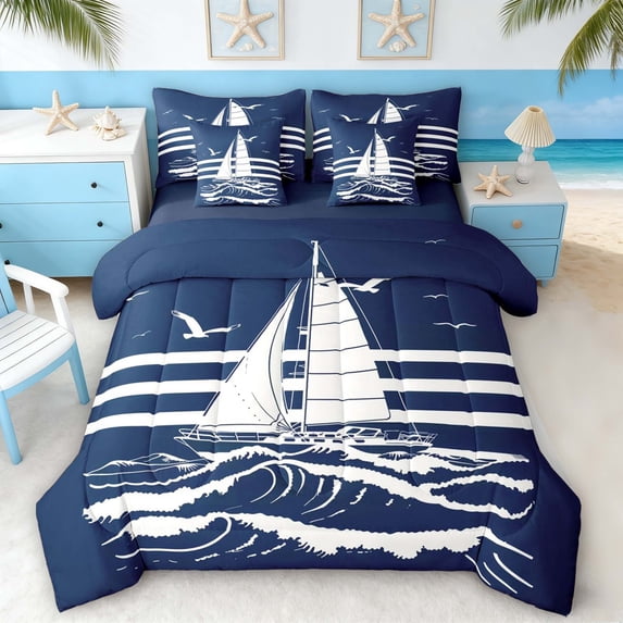 Manfei Minimalist Blue White Sailboat Bedding Comforter Set for Kids Boys and Girls, Nautical Print Full Bedding Set, Navy Reversible 7 Pieces