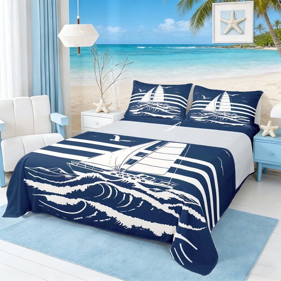 Manfei Minimalist Blue White Sailboat Queen Sheet Sets for Kids Boys and Girls, Nautical Print Bed Set 4 Pieces, 1 Flat Sheet, 1 Fitted Sheet and 2 Pillowcases