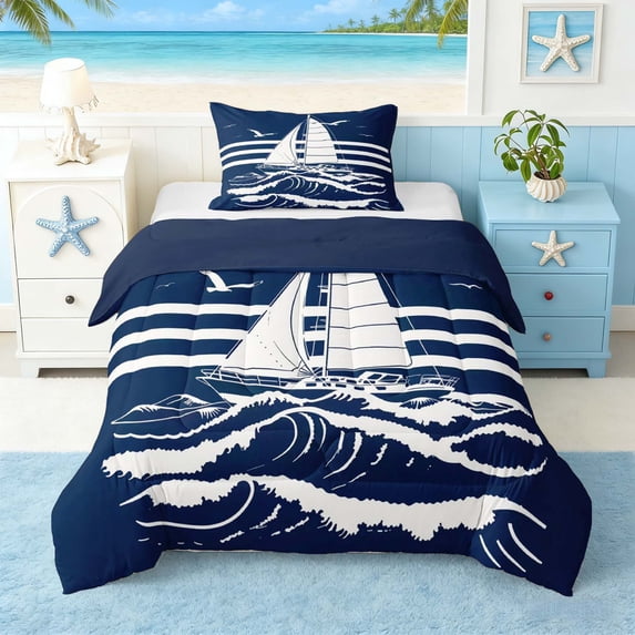 Manfei Minimalist Blue White Sailboat Twin Comforter Sets for Kids Boys and Girls, Nautical Print Bedding Set, Navy Reversible 2 Pieces, 1 Comforter and 1 Pillowcase