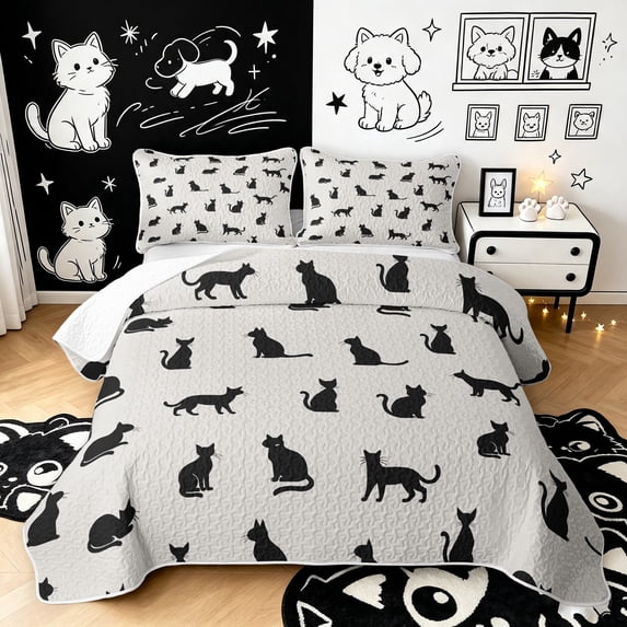 Manfei Minimalist Cat Bed Spread Queen, Cartoon Silhouette Queen Coverlet Set, Light Gray, 3pcs, 1 Quilt and 2 Pillowcases