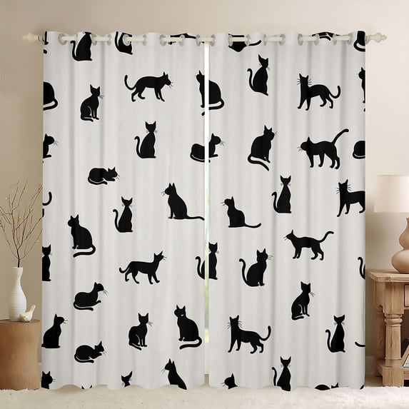 Manfei Minimalist Cat Kitchen Curtains, Cartoon Silhouette Black Out Curtains Pack of 2 (42x63 Each), Light Gray