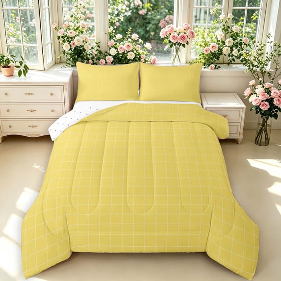 Manfei Minimalist Check King Size Comforter Sets,Modern Grid Comforters King Size,Yellow,Reversible,3pcs,1 Comforter and 2 Pillowcases,3pcs,1 Comforter and 2 Pillowcases