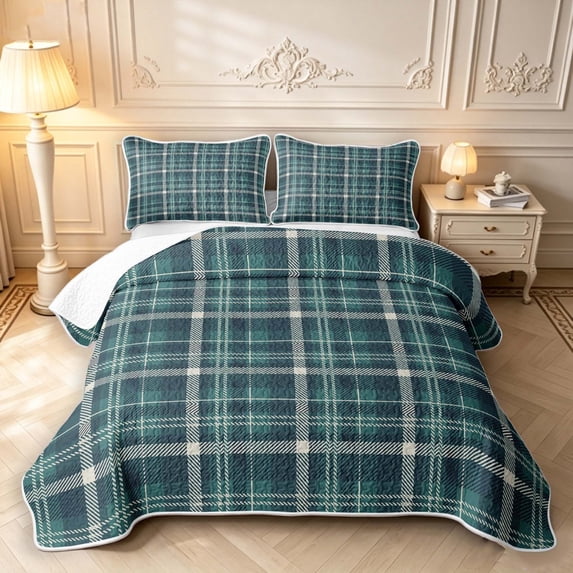 Manfei Minimalist Check Twin Quilt Set,Classic Plaid Twin Coverlet Set,Green Beige,2 Pieces,1 Bedspread and 1 Pillowcase