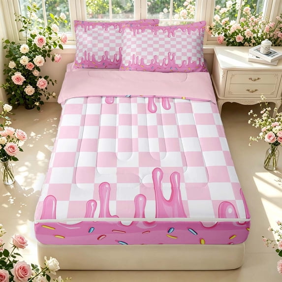 Manfei Minimalist Check Zipper Full Size Comforter Sets with Fitted Sheet and 2 Pillowcases,Cartoon Ice Cream Drip Zipper Bedding Set,Pink White,Pink Reversible,4pcs