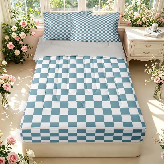 Manfei Minimalist Check Zipper Full Size Comforter Sets with Fitted Sheet and 2 Pillowcases,Classic Plaid Zipper Bedding Set,Blue White,Light Gray Reversible,4pcs