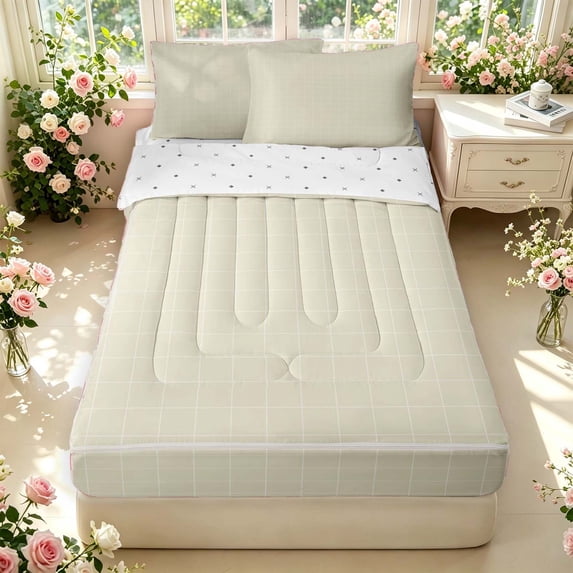 Manfei Minimalist Check Zipper Twin Comforter Sets with Fitted Sheet and 2 Pillowcases,Modern Grid Zipper Bedding Set,Beige,Reversible,4pcs