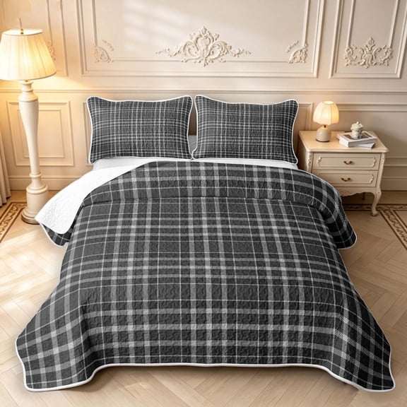 Manfei Minimalist Checkered Twin Quilt Set,Geometric Check Twin Coverlet Set,Gray White,2-Piece,1 Bedspread and 1 Pillowcase