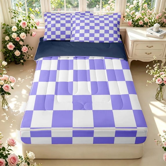 Manfei Minimalist Checkered Zipper Queen Comforter Set with Fitted Sheet and 2 Pillowcases,Geometric Plaid Zipper Bedding Set,Purple White,Navy Blue Reversible,4pcs