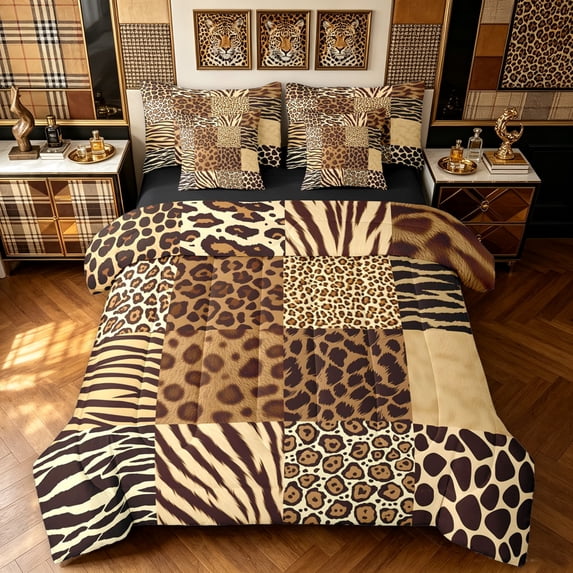 Manfei Minimalist Cheetah Print Twin Bedding, Old Fashion Patchwork Bedding Comforter Set, Tan Peach, Black Reversible, 7-Piece