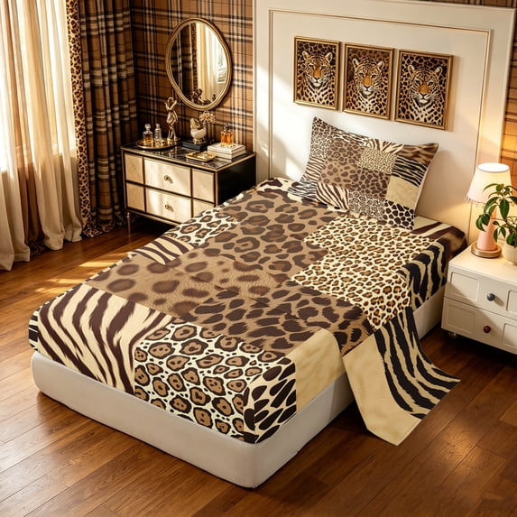 Manfei Minimalist Cheetah Print Twin Sheets, Old Fashion Patchwork Bedding, Tan Peach, 3-Piece, 1 Flat Sheet, 1 Fitted Sheet and 1 Pillowcase