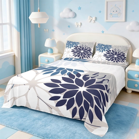 Manfei Minimalist Dahlia Bed Sheets Set Full Size,Flower Leaves Bedding Sets Full Size,White Gray Blue Bed Sheets Full,Lightweight Room Decorative,4 Pieces