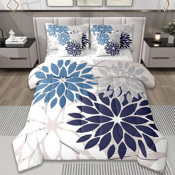 Manfei Minimalist Dahlia Bedding Sets Queen Size,Flower Leaves Comforter Sets with Sheets,White Gray Blue Bed in a Bag Queen Size,Lightweight Room Decorative,7-Piece