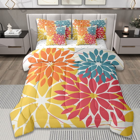 Manfei Minimalist Dahlia Bedding Sets Twin Size,Flower Leaves Comforter Sets with Sheets,White Yellow Red Bed in a Bag Twin Size,Lightweight Room Decorative,7-Piece