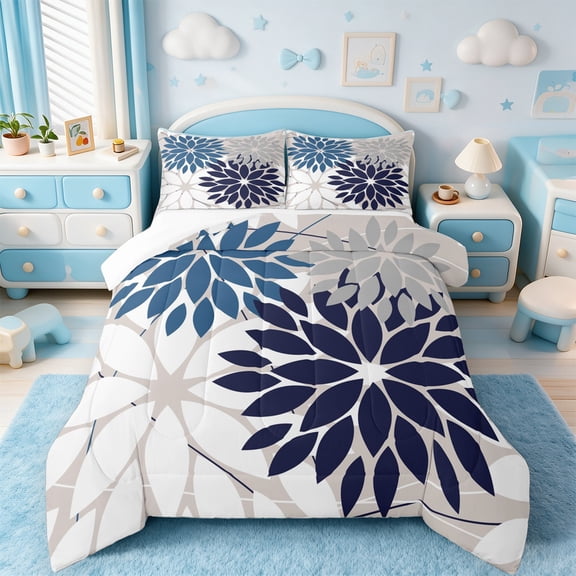 Manfei Minimalist Dahlia Bedding Twin Comforter Set,Flower Leaves Down Comforter,White Gray Blue Bedding Sets Twin with Comforter,Lightweight Room Decorative,2 Pieces