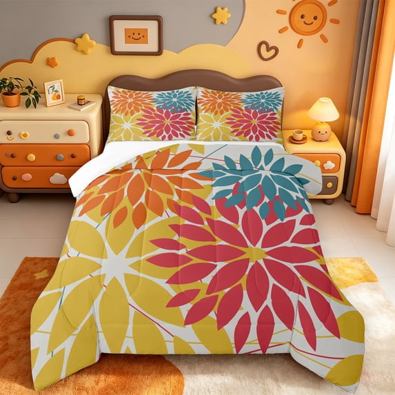 Manfei Minimalist Dahlia Comforter Sets Twin Size,Flower Leaves Comforters & Duvets,White Yellow Red Bedding Twin Comforter Set,Lightweight Room Decorative,2-Piece