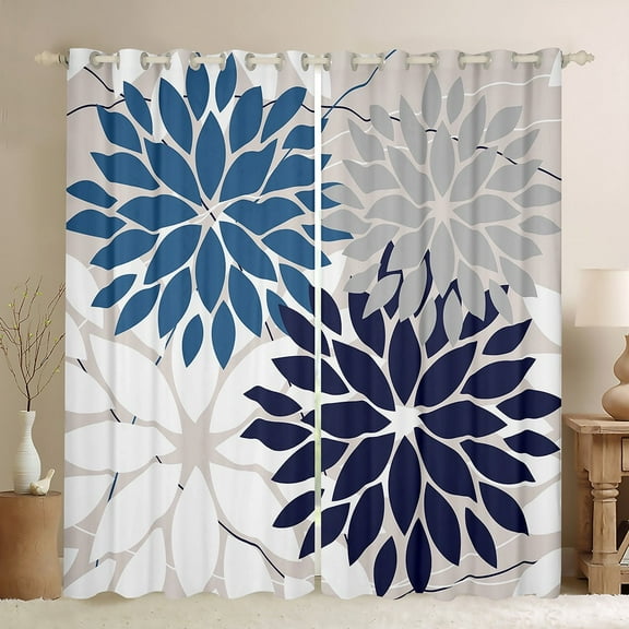 Manfei Minimalist Dahlia Curtains and Drapes (38x45),Flower Leaves Blackout Curtains for Bedroom,White Gray Blue Curtains Pack of 2 (38x45),Lightweight Room Decorative