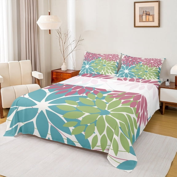 Manfei Minimalist Dahlia Twin Sheet Sets,Flower Leaves Bedding Twin Size,Cyan Green Pink Bed Sheets Set Twin Size,Lightweight Room Decorative,3 Pieces