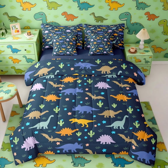 Manfei Minimalist Dino Animals 7-Piece Twin Bedding,Vintage Cactus Flower Bedding Comforter Set,Blue Yellow,Navy Blue Reversible
